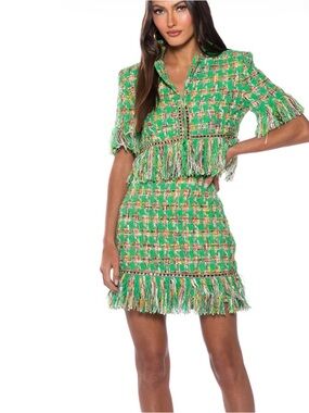 AKIRA COCO Fringe Tweed Weave Jewel Details Mini Skirt Green Mix  Large Coquette